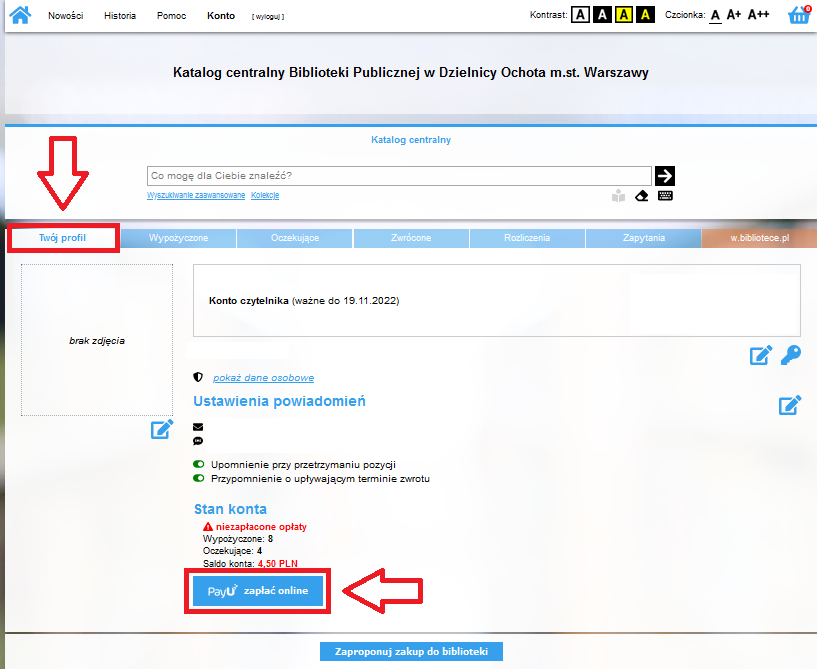 Okno przeglądarki z kontem czytelnika. Zaznaczona nazwa zakładki twój profil i przycisk PayU płatność online. 