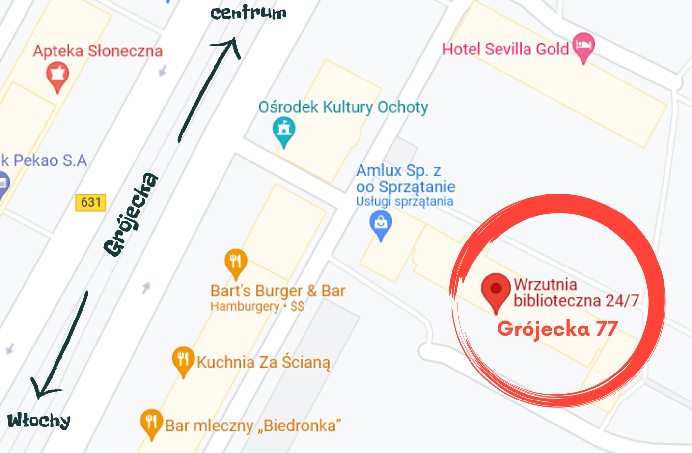 Mapa pokazująca, gdzie znajduje się wrzutnia biblioteczna. 