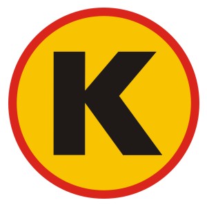Logo Biblioteki Przystanek Książka - Czarna literka K wpisana w żółty okrąg z czerwoną obwódką