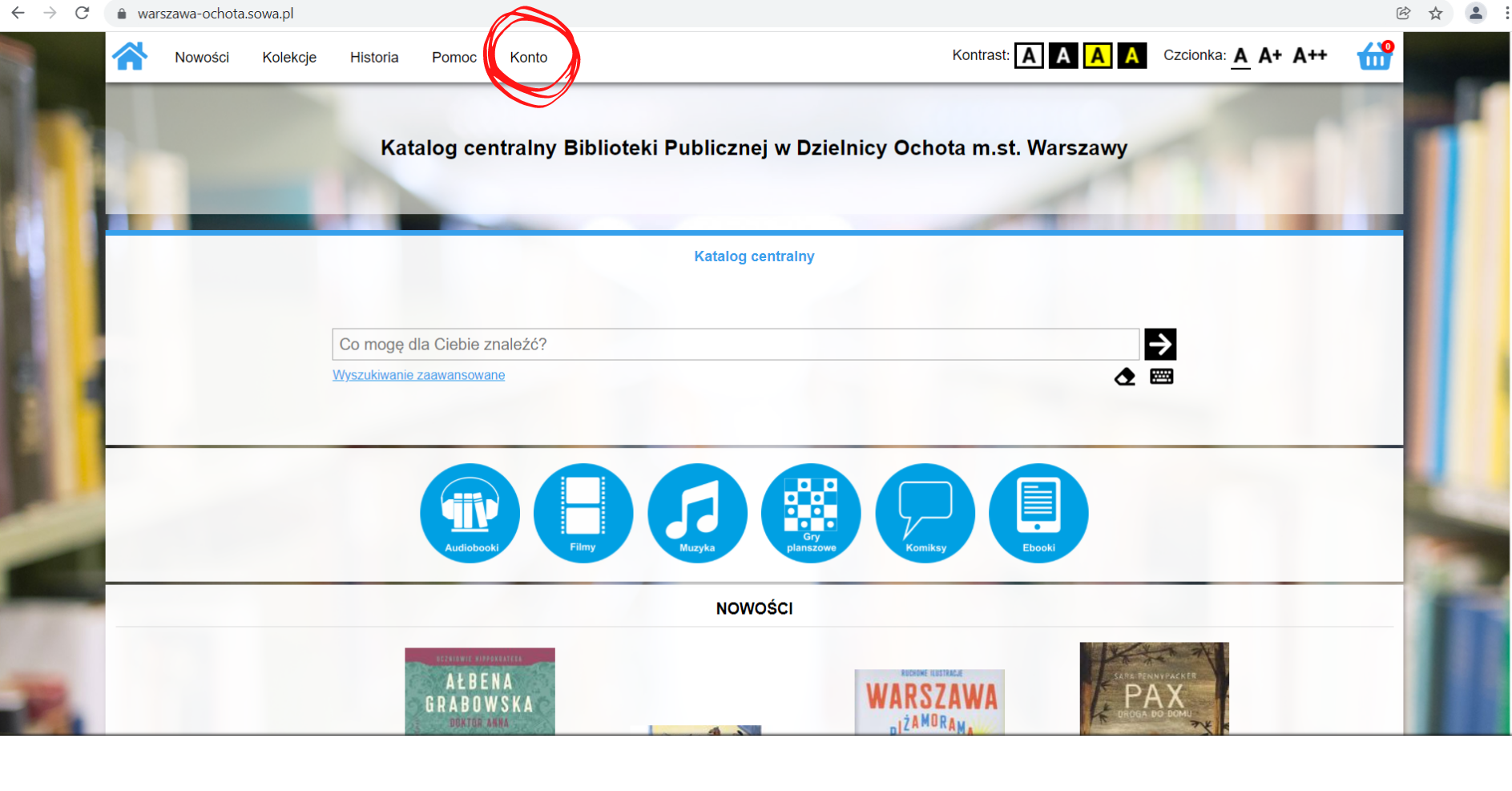 Widok na stronę katalogu Biblioteki. Zaznaczony przycisk "Konto". 