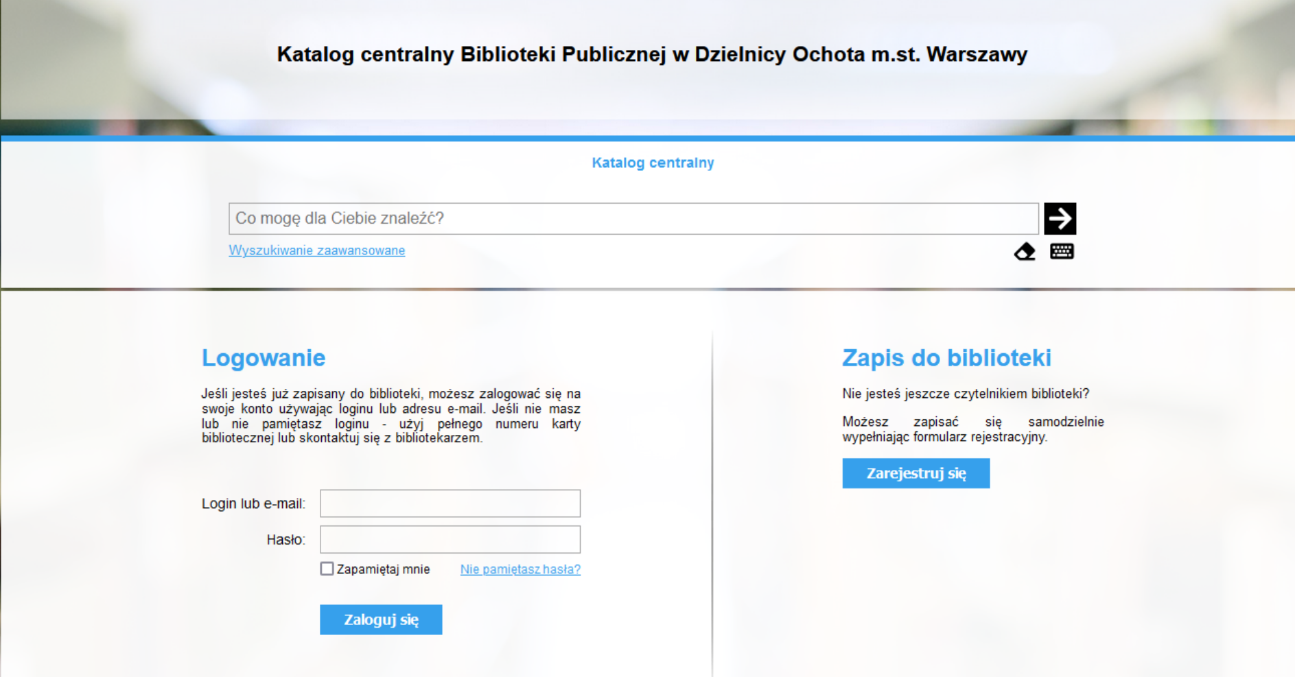 Zrzut ekanu z widokiem na pole logowania do katalogu bibliotecznego.